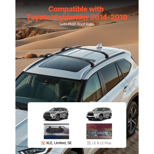 VEVOR Cross Bars Roof Racks,165lbs Capacity, Compatible with Toyota Highlander 2014-2019 XLE, Limited, SE with Flush Roof Rails,Heavy Duty Aluminum