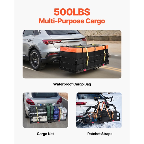 VEVOR 60" x 24" x 14", Hitch Cargo Carrier, 500 lbs Capacity Hitch Cargo Carrier with Cargo Net & Waterproof Cargo Bag, Folding Hitch Mount Cargo