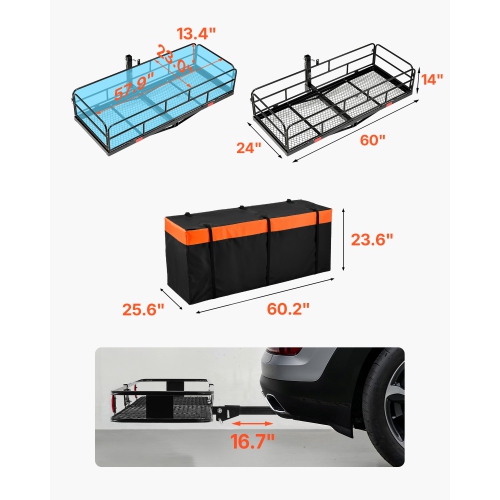 VEVOR 60" x 24" x 14", Hitch Cargo Carrier, 500 lbs Capacity Hitch Cargo Carrier with Cargo Net & Waterproof Cargo Bag, Folding Hitch Mount Cargo