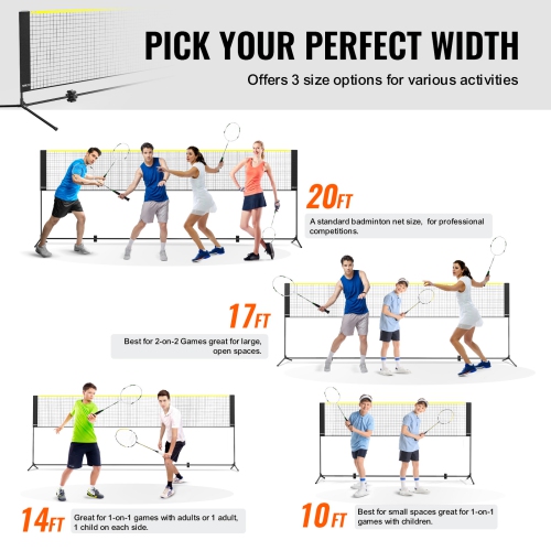 VEVOR 14ft Wide Badminton Net, Height Adjustable Volleyball Net, Foldable Pickleball Net, Tennis Net Set with Poles, Stand and Carry Bag, for Kids