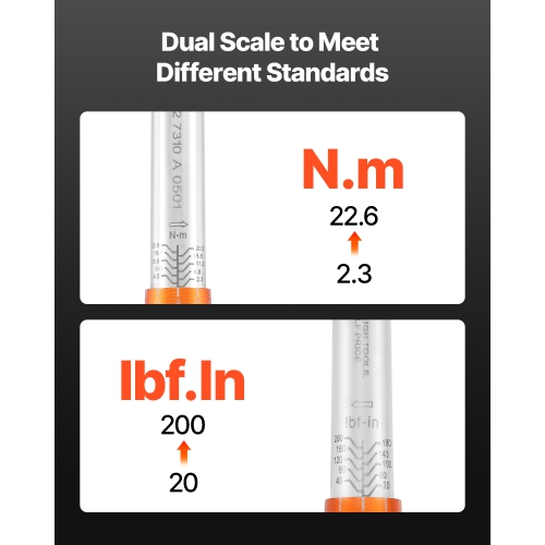 VEVOR 72-Tooth Click Torque Wrench Set, 1/4Inch Drive, 20-200lbf-in/2.3-22.6N.m, Dual-direction and Dual Range Scales, ±3% High Precision, with Bit