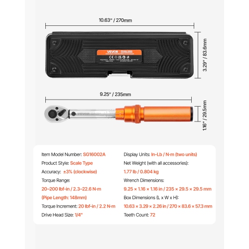 VEVOR 72-Tooth Click Torque Wrench Set, 1/4Inch Drive, 20-200lbf-in/2.3-22.6N.m, Dual-direction and Dual Range Scales, ±3% High Precision, with Bit