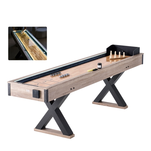 VEVOR 9 ft Shuffleboard Table, LED Light Up for Family Game Room, 2 in 1 Combo Game Set, with Scratch-Resistant Playfield, Legs, 8 Pucks, Bowling