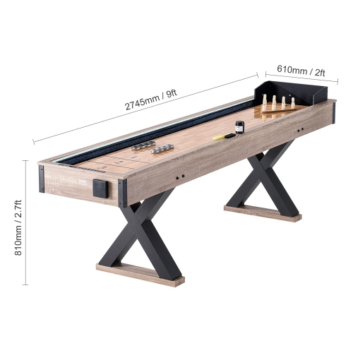 VEVOR 9 ft Shuffleboard Table, LED Light Up for Family Game Room, 2 in 1 Combo Game Set, with Scratch-Resistant Playfield, Legs, 8 Pucks, Bowling