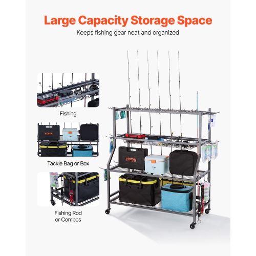 Porte-canne à pêche VEVOR à 15 tiges, support mobile pour poteau à roulettes, range-tout pour matériel de pêche pour garage intérieur, rangement pour