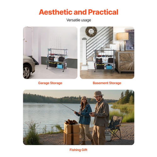 Porte-canne à pêche VEVOR à 15 tiges, support mobile pour poteau à roulettes, range-tout pour matériel de pêche pour garage intérieur, rangement pour