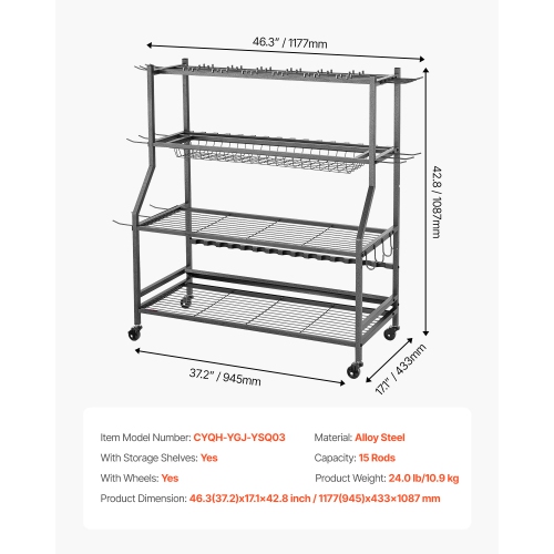 Porte-canne à pêche VEVOR à 15 tiges, support mobile pour poteau à roulettes, range-tout pour matériel de pêche pour garage intérieur, rangement pour