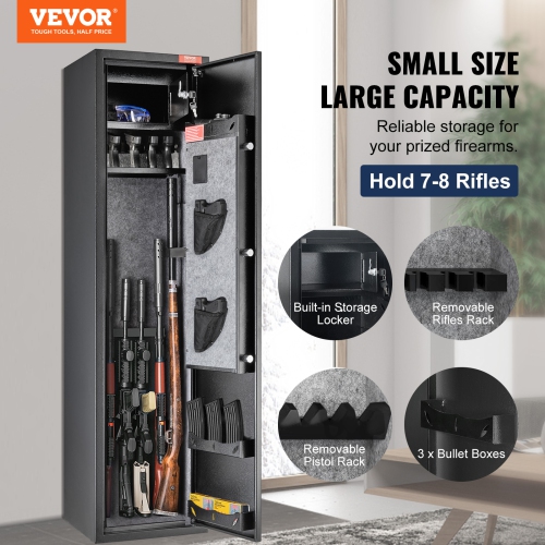VEVOR 5 Rifles Gun Safe, Rifle Safe with Digital Keypad & Lock, Gun Storage Cabinet with Built-in Storage Locker, Removable Storage Shelf for Home