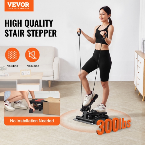 VEVOR 330LBS Stair Stepper, Mini Stepper for Exercise at Home, Hydraulic Fitness Twist Stepper with Resistance Bands, Full Body Workout Cardio
