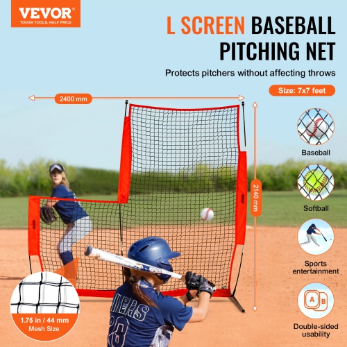 VEVOR 7x7 ft L Screen Baseball for Batting Cage, Baseball & Softball Safety Screen, with Carry Bag & Ground Stakes, Baseball Pitching Net for