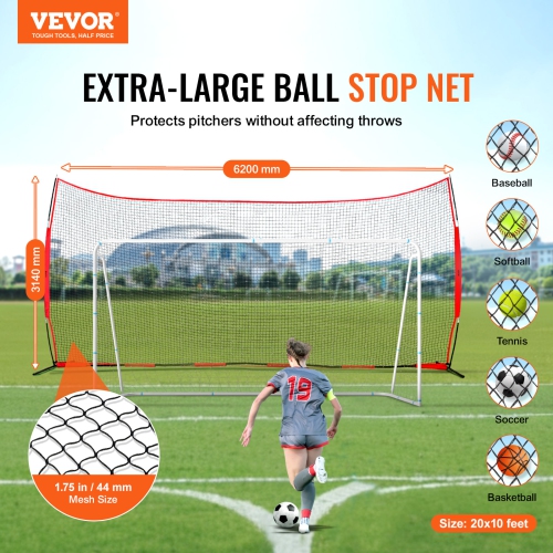 VEVOR 20x10 ft Barricade Backstop Net, Ball Sports Barrier Netting, with Carry Bag, Protection Screen for Baseball Softball Lacrosse Soccer Hockey