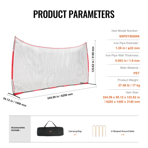 VEVOR 20x10 ft Barricade Backstop Net, Ball Sports Barrier Netting, with Carry Bag, Protection Screen for Baseball Softball Lacrosse Soccer Hockey