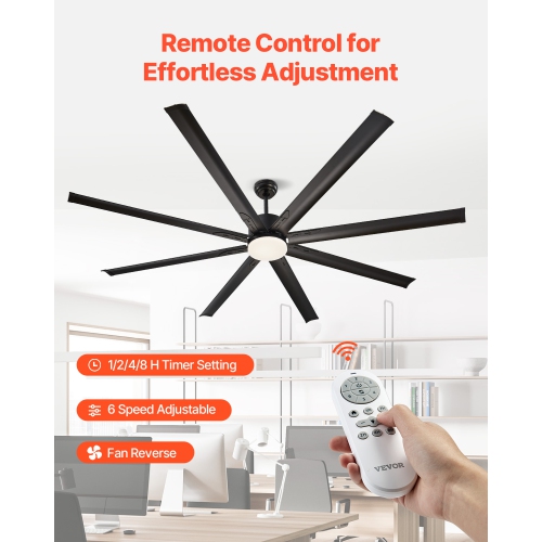 VEVOR 84 Inch Ceiling Fan with Light, 6-Speed Remote Control, Dimmable 3-Color Temperature, Reversible DC Motor, Modern Low Profile Flush Mount Fan