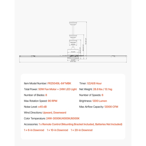 VEVOR 84 Inch Ceiling Fan with Light, 6-Speed Remote Control, Dimmable 3-Color Temperature, Reversible DC Motor, Modern Low Profile Flush Mount Fan