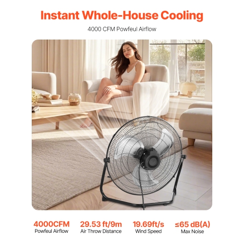 VEVOR 3 Speeds Floor Fan, High Velocity Heavy Duty 18 Inch Industrial Fan, 4000 CFM 360° Adjustable Tilt 19.69 ft/sec Airflow Large Metal Fan, for