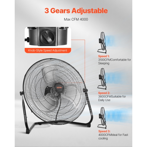 VEVOR 3 Speeds Floor Fan, High Velocity Heavy Duty 18 Inch Industrial Fan, 4000 CFM 360° Adjustable Tilt 19.69 ft/sec Airflow Large Metal Fan, for
