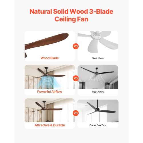 VEVOR 72 Inch Ceiling Fan without Light, 6-Speed Remote Control, 3-Wood-Blade, Reversible DC Motor, Modern Low Profile Flush Mount Exterior Fan for