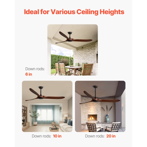 VEVOR 72 Inch Ceiling Fan without Light, 6-Speed Remote Control, 3-Wood-Blade, Reversible DC Motor, Modern Low Profile Flush Mount Exterior Fan for