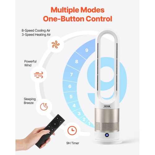 VEVOR 16 ft/s Tower Fan Bladeless, Quiet Floor Fan that Blows Cold & Heating Air, 80° Oscillating Fans with 8 Speeds, 9H Timer, Standing Fans with