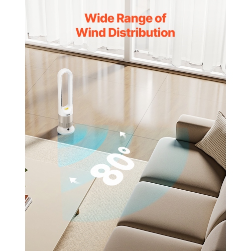 VEVOR 16 ft/s Tower Fan Bladeless, Quiet Floor Fan that Blows Cold & Heating Air, 80° Oscillating Fans with 8 Speeds, 9H Timer, Standing Fans with