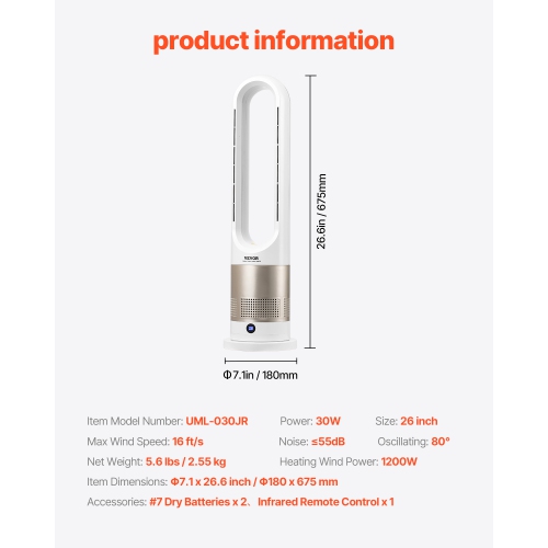 VEVOR 16 ft/s Tower Fan Bladeless, Quiet Floor Fan that Blows Cold & Heating Air, 80° Oscillating Fans with 8 Speeds, 9H Timer, Standing Fans with