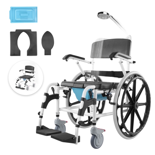 VEVOR 17.5in Width Shower Wheelchair, Aluminum Alloy Bathroom Wheelchair for Inside Shower, Adjustable Rolling Shower Chair w/ Brake for Disabled