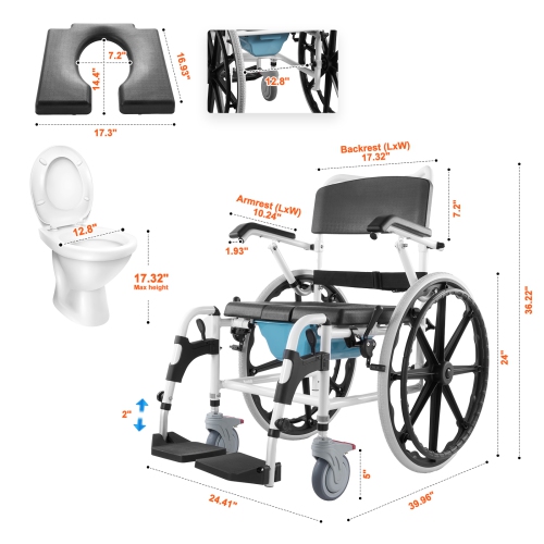 VEVOR 17.5in Width Shower Wheelchair, Aluminum Alloy Bathroom Wheelchair for Inside Shower, Adjustable Rolling Shower Chair w/ Brake for Disabled