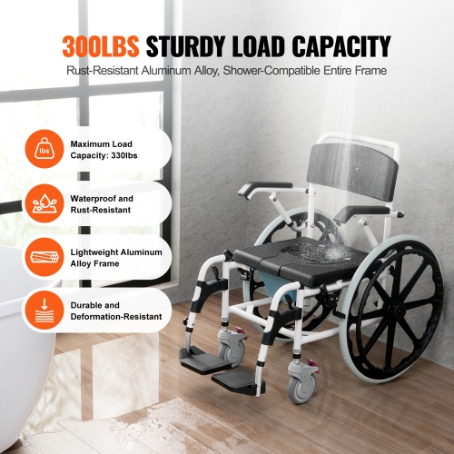 VEVOR 17.5in Width Shower Wheelchair, Aluminum Alloy Bathroom Wheelchair for Inside Shower, Adjustable Rolling Shower Chair w/ Brake for Disabled