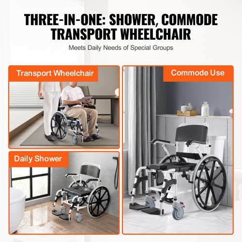 VEVOR 17.5in Width Shower Wheelchair, Aluminum Alloy Bathroom Wheelchair for Inside Shower, Adjustable Rolling Shower Chair w/ Brake for Disabled