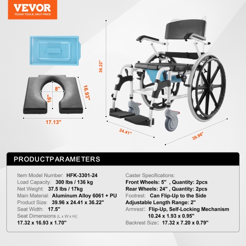 VEVOR 17.5in Width Shower Wheelchair, Aluminum Alloy Bathroom Wheelchair for Inside Shower, Adjustable Rolling Shower Chair w/ Brake for Disabled