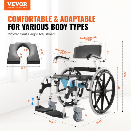 VEVOR 17.5in Width Shower Wheelchair, Aluminum Alloy Bathroom Wheelchair for Inside Shower, Adjustable Rolling Shower Chair w/ Brake for Disabled