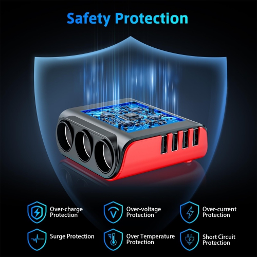 Adaptateur allume-cigare 7-en-1, 3 prises pour allume-cigare, 4 ports USB avec affichage de tension LED et commutateur d'alimentation pour appareils