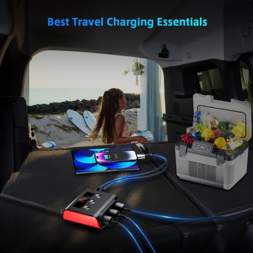 Adaptateur allume-cigare 7-en-1, 3 prises pour allume-cigare, 4 ports USB avec affichage de tension LED et commutateur d'alimentation pour appareils