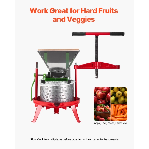 VEVOR 1.8 Gal/7L Fruit and Apple Crusher, Large Manual Grinder, Stainless Steel Fruit Scratter Pulper for Wine Cider Apple Grape Pressing, with