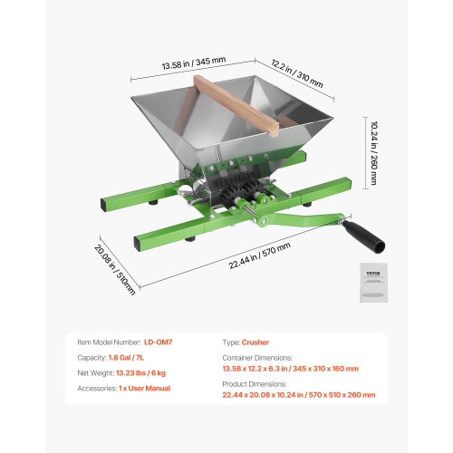 VEVOR 1.8 Gal/7L Fruit and Apple Crusher, Large Manual Grinder, Stainless Steel Fruit Scratter Pulper for Wine Cider Apple Grape Pressing, with
