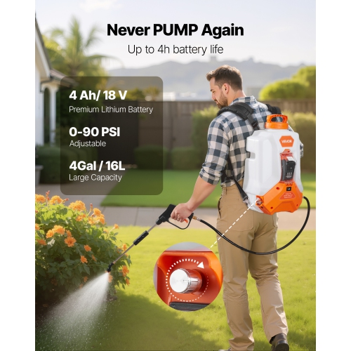 VEVOR 4 Gallons Battery Powered Backpack Sprayer, Electric Backpack Sprayer, 2 Wands & 8 Nozzles, Adjustable 0-90 PSI, 4H Runtime, Portable Yard