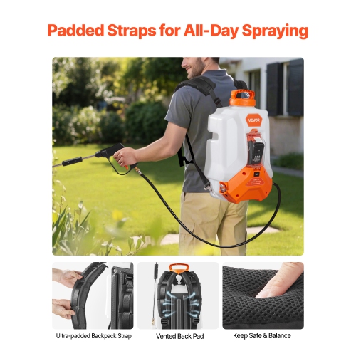 VEVOR 4 Gallons Battery Powered Backpack Sprayer, Electric Backpack Sprayer, 2 Wands & 8 Nozzles, Adjustable 0-90 PSI, 4H Runtime, Portable Yard