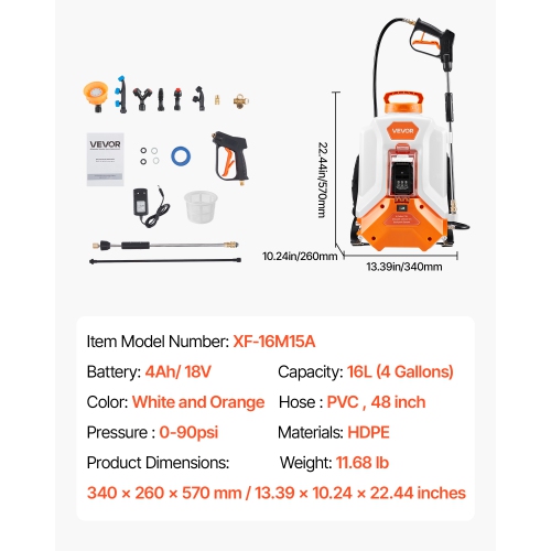 VEVOR 4 Gallons Battery Powered Backpack Sprayer, Electric Backpack Sprayer, 2 Wands & 8 Nozzles, Adjustable 0-90 PSI, 4H Runtime, Portable Yard