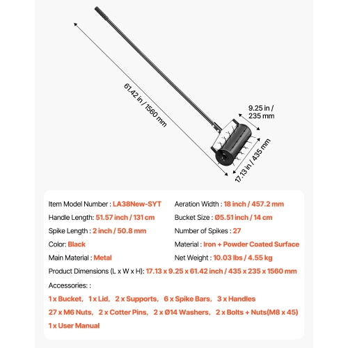 Aérateur à pelouse roulant de 18&nbsp;po VEVOR, aérateur à roulettes manuel robuste avec poignée amovible et 27 piquets de fer, outil d'aération à