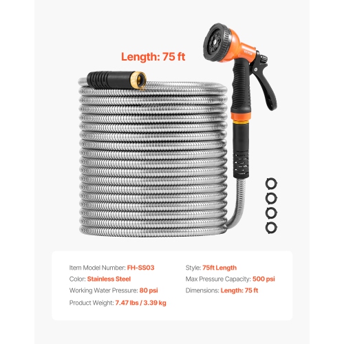 VEVOR 75 ft Metal Garden Hose, Rust Proof Stainless Steel, Heavy Duty Hose with 10 Function Nozzle, No-Kink & Flexible Water Pipe, Lightweight Metal