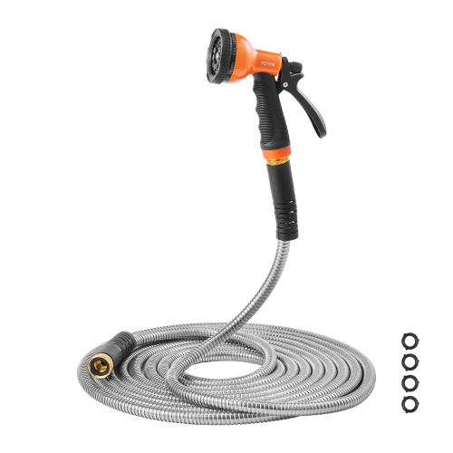 VEVOR 75 ft Metal Garden Hose, Rust Proof Stainless Steel, Heavy Duty Hose with 10 Function Nozzle, No-Kink & Flexible Water Pipe, Lightweight Metal