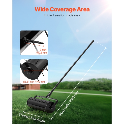 VEVOR 21-inch Rolling Lawn Aerator, Heavy-Duty Manual Rolling Aerator Lawn with Detachable Handle and 33 Iron Spikes, Rolling Lawn Aeration Tool for