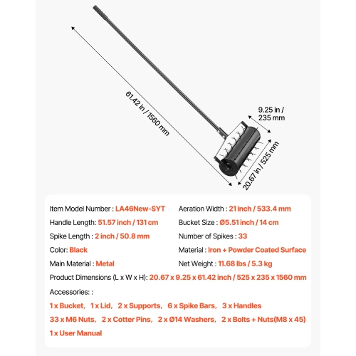 VEVOR 21-inch Rolling Lawn Aerator, Heavy-Duty Manual Rolling Aerator Lawn with Detachable Handle and 33 Iron Spikes, Rolling Lawn Aeration Tool for