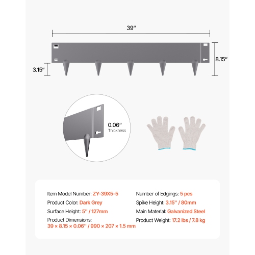 VEVOR 39 x 5 in Steel Landscape Edging, 5 Packs Rust-Resistant Metal Landscape Edging, Bendable Garden Edging Border, Heavy Duty Lawn Edging,