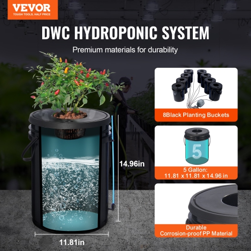 VEVOR 8 Buckets DWC Hydroponic System, 5 Gallon, Deep Water Culture Growing Bucket, Hydroponics Grow Kit with Pump, Air Stone and Water Level Device,