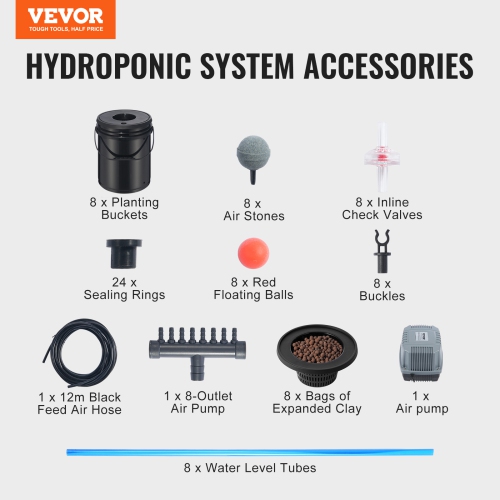 VEVOR 8 Buckets DWC Hydroponic System, 5 Gallon, Deep Water Culture Growing Bucket, Hydroponics Grow Kit with Pump, Air Stone and Water Level Device,