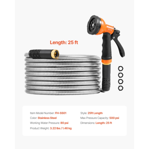 VEVOR 25 ft Metal Garden Hose, Rust Proof Stainless Steel, Heavy Duty Hose with 10 Function Nozzle, No-Kink & Flexible Water Pipe, Lightweight Metal