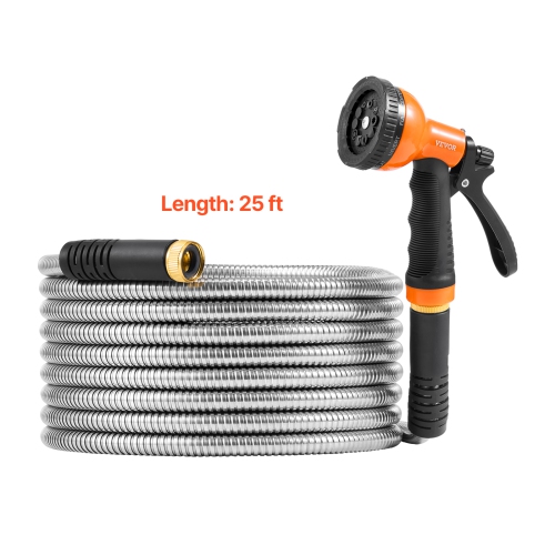 VEVOR 25 ft Metal Garden Hose, Rust Proof Stainless Steel, Heavy Duty Hose with 10 Function Nozzle, No-Kink & Flexible Water Pipe, Lightweight Metal
