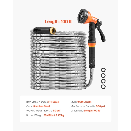 VEVOR 100 ft Metal Garden Hose, Rust Proof Stainless Steel, Heavy Duty Hose with 10 Function Nozzle, No-Kink & Flexible Water Pipe, Lightweight Metal