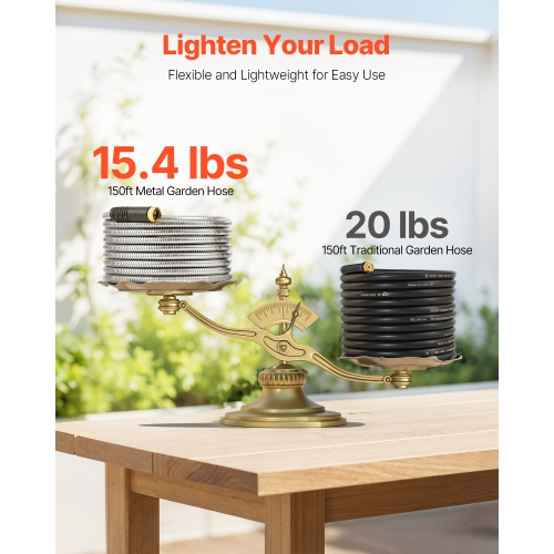 VEVOR 150 ft Metal Garden Hose, Rust Proof Stainless Steel, Heavy Duty Hose with 10 Function Nozzle, No-Kink & Flexible Water Pipe, Lightweight Metal